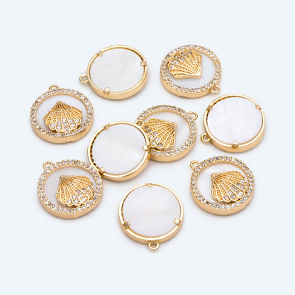 4pcs Shell Pave Gold Round Charms, CZ Paved Shell Disc Pendants(GB-2775)