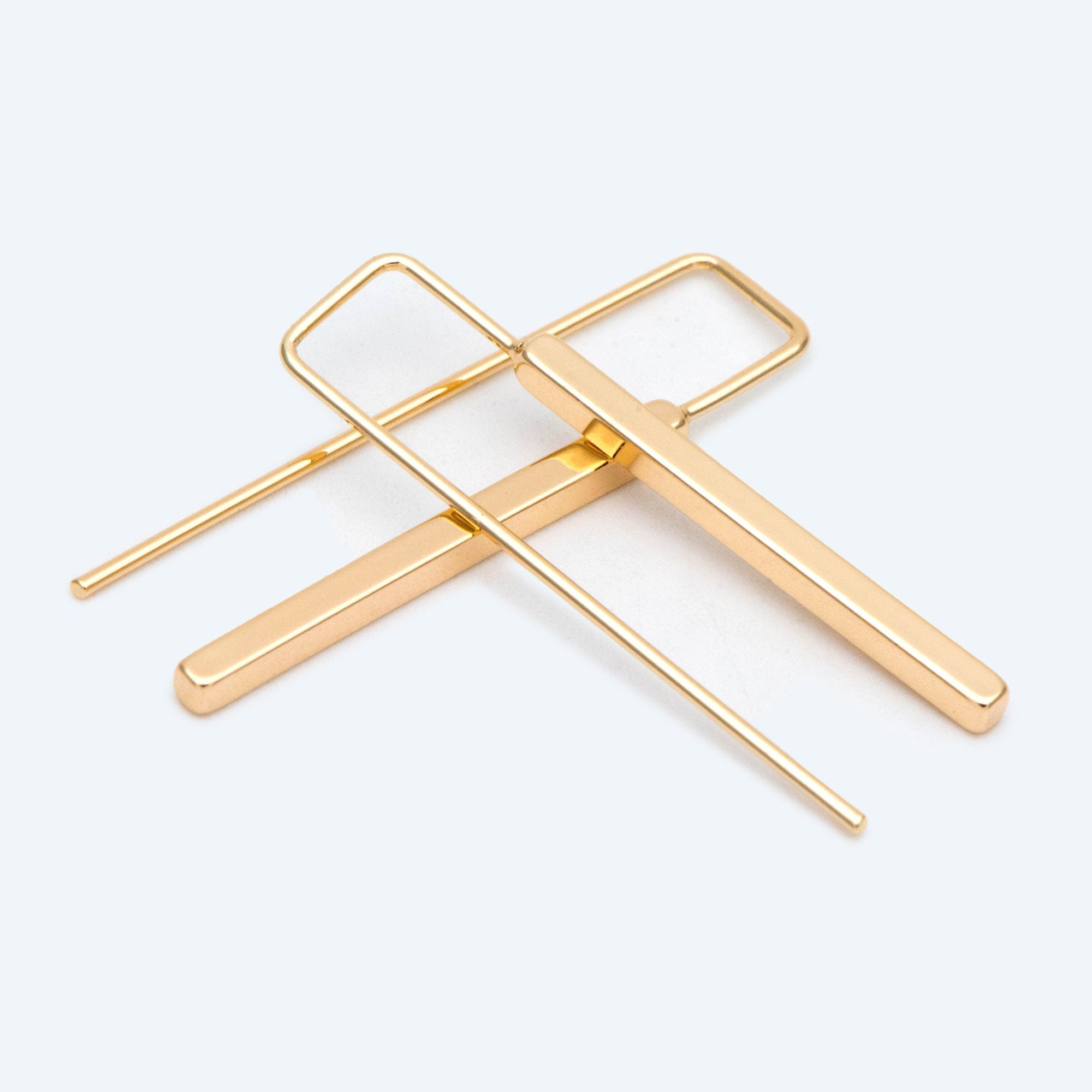 10pcs Gold/ Silver Tone Cube Ear Hooks 34x10mm, Gold/ Rhodium plated Brass Square Bar Earwires, Minimalist Earring Components (GB-2732)