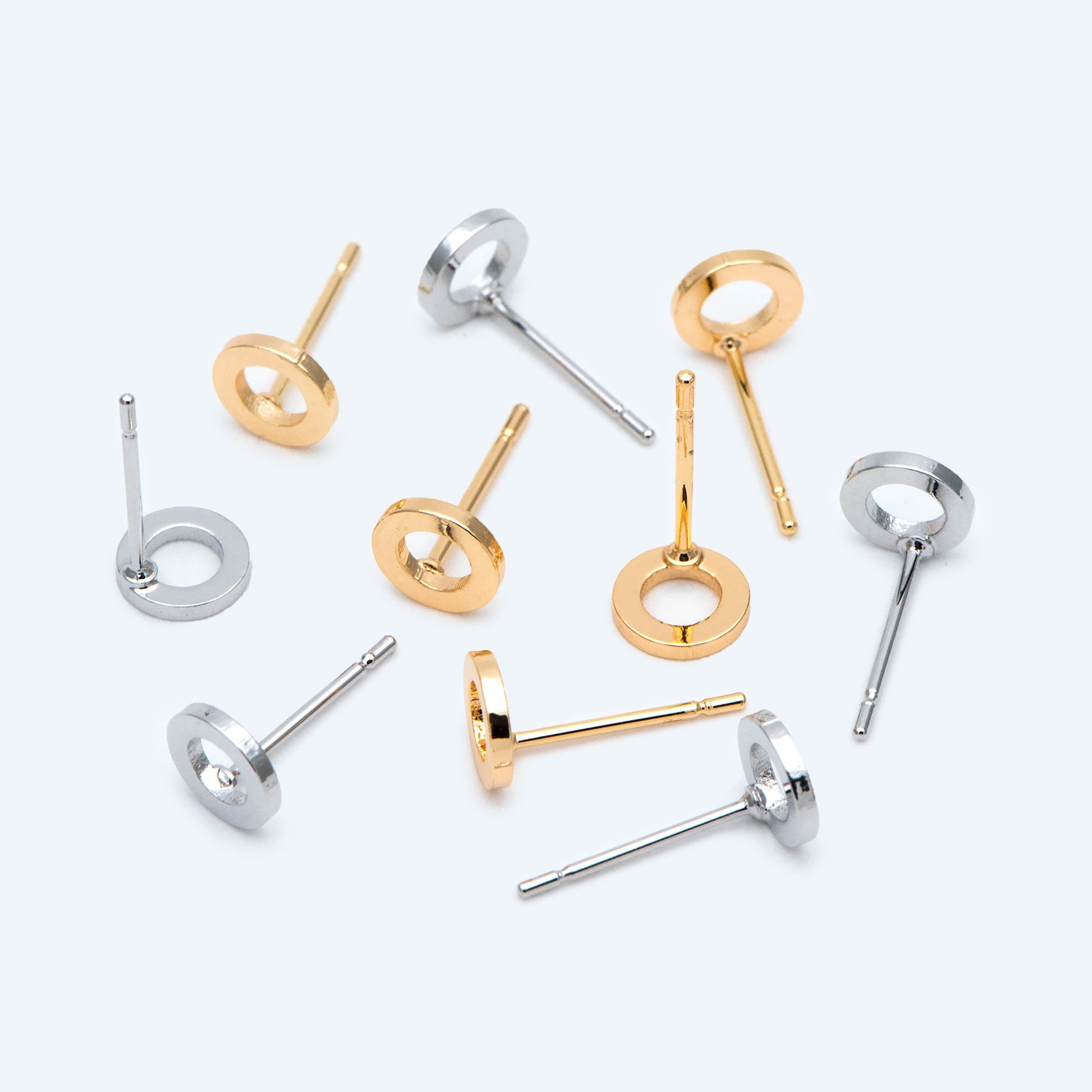 10pcs Round Circle Stud Earrings, Gold/ Silver tone Earwire, 6mm Hoop Stud Earring, DIY Ear Findings (GB-2736)
