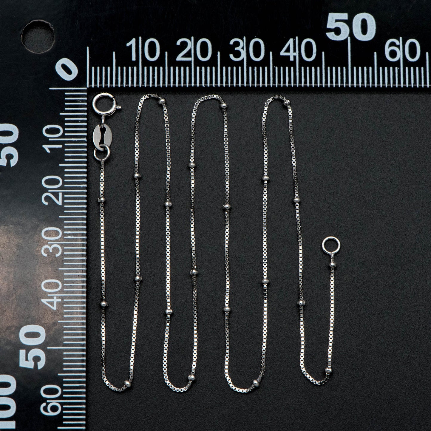 Sterling Silver .925 Beaded Necklace Chains, Rhodium plated Box Chains with Round Ball Beads, 0.6mm=22 gauge, 18 Inch Ready to Wear (CY-013)