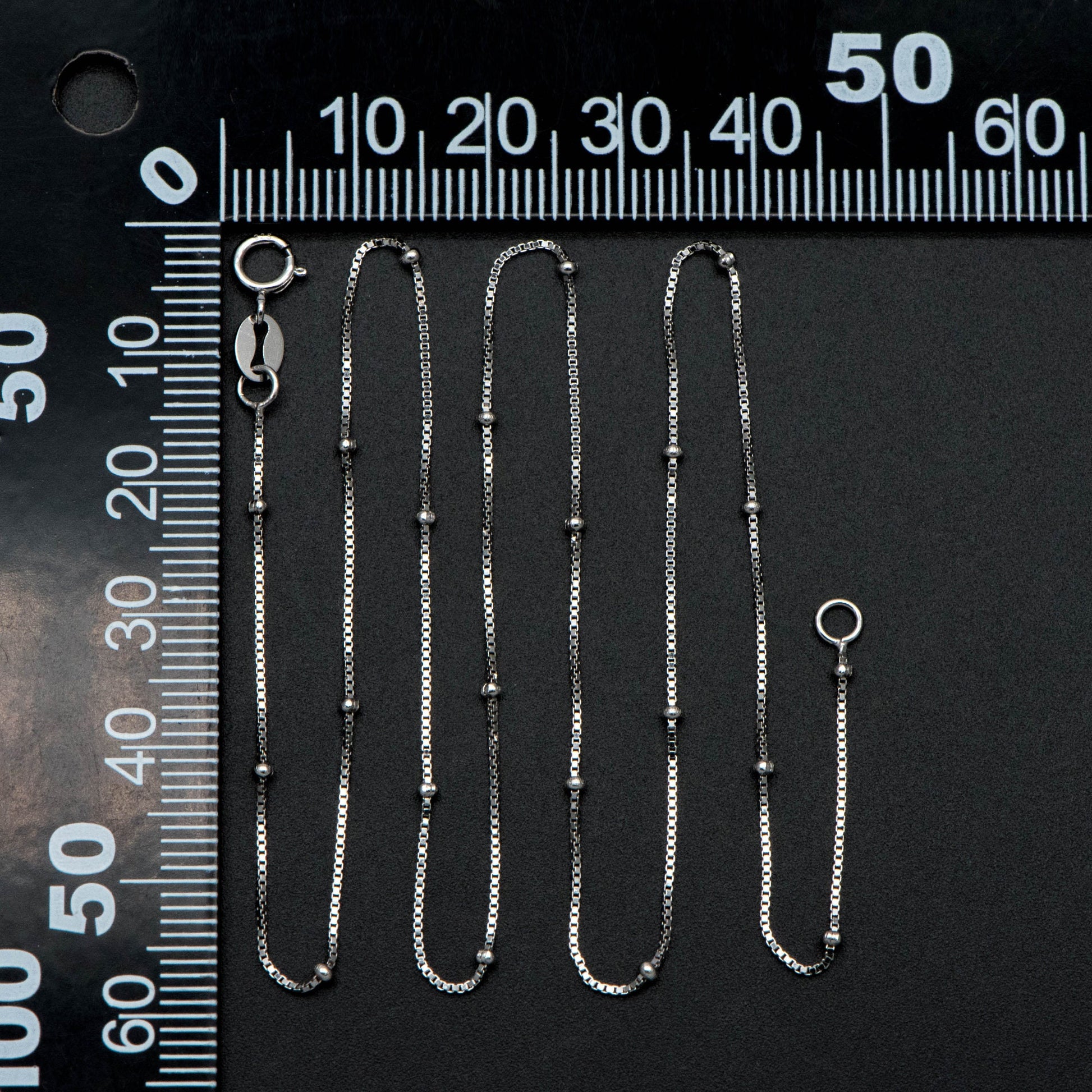 Sterling Silver .925 Beaded Necklace Chains, Rhodium plated Box Chains with Round Ball Beads, 0.6mm=22 gauge, 18 Inch Ready to Wear (CY-013)