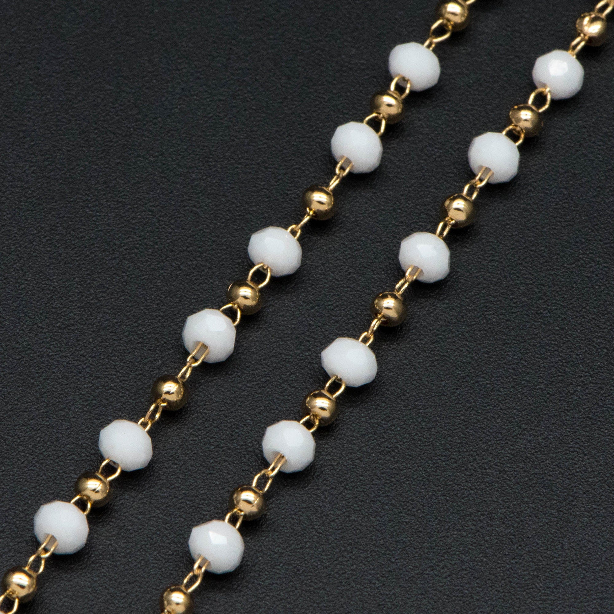 Gold Crystal Beaded Chains, Gold plated Brass Cable Chain, 3mm Glass Rondelles with 2mm Gold Round Beads (#LK-200)/ 1 Meter=3.3 ft