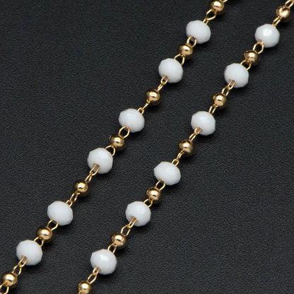 Gold Crystal Beaded Chains, Gold plated Brass Cable Chain, 3mm Glass Rondelles with 2mm Gold Round Beads (#LK-200)/ 1 Meter=3.3 ft