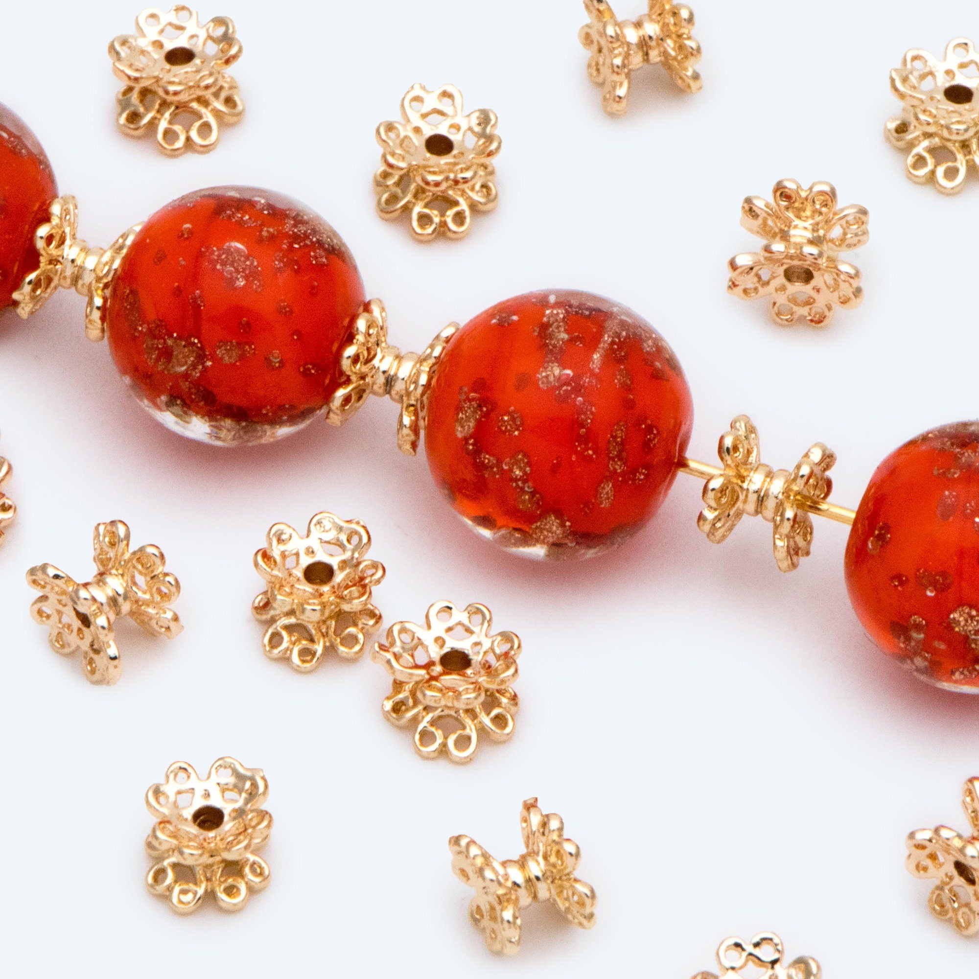 10pcs Gold Floral Bead Caps 6mm, Flower Spacer Beads, Fit 8-12mm Beads, Gold plated Brass Cap Ends (GB-2779)