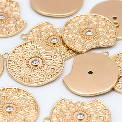 4pcs CZ Pave Gold Gap Disc Charm, Gap Round Pendant, Necklace Charm, Jewelry Making Supplies (GB-1766-E)
