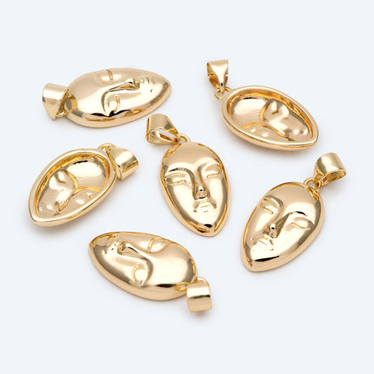 10pcs Gold/ Silver tone Face Charm, Necklace Pendant, Real 18K Gold/ Rhodium plated Brass, Jewelry Supply (GB-2753)