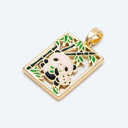 4pcs Shell pave Two Pandas with Bamboo Charms, Enamel Animal Charm, Rectangle Pendant (GB-2765)