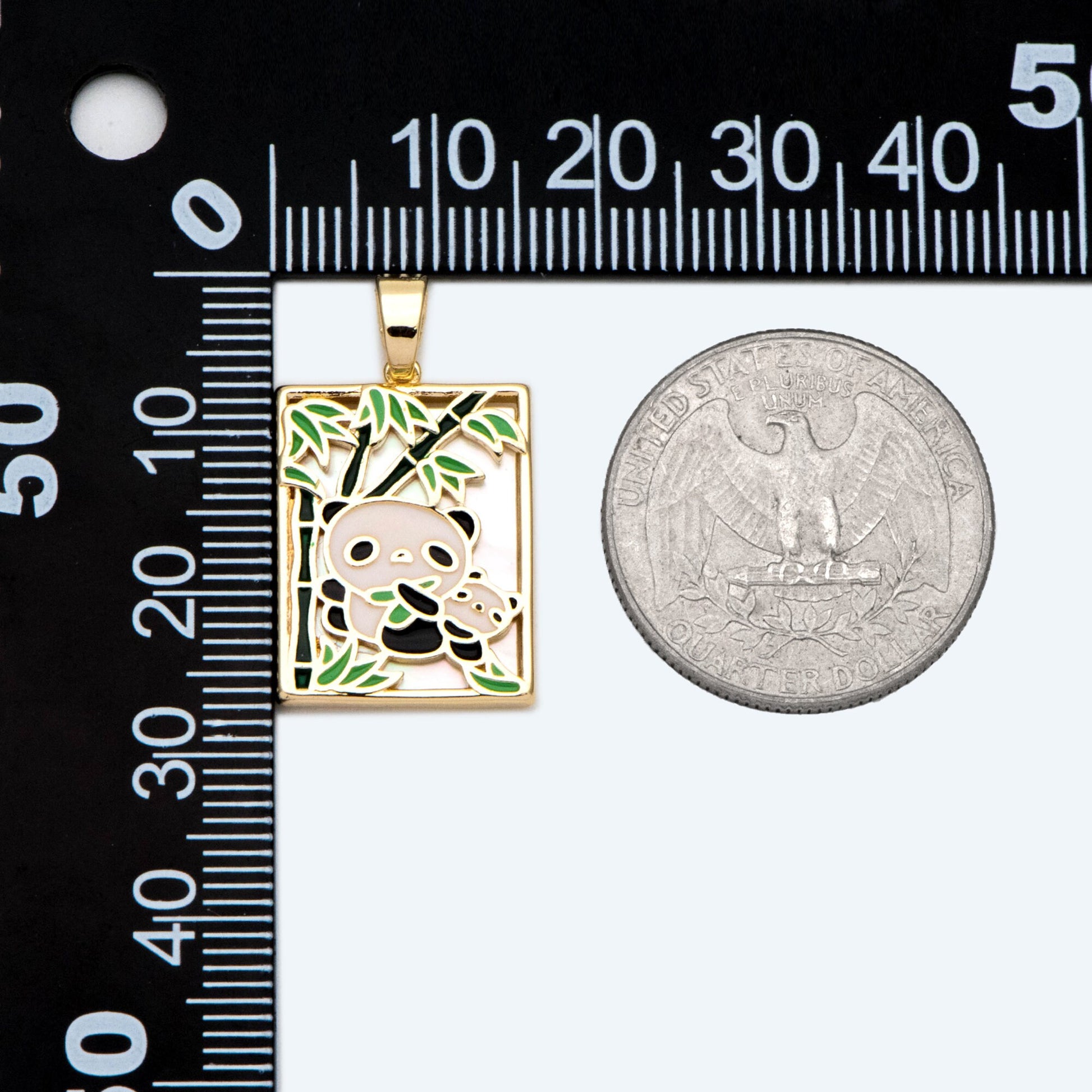 4pcs Shell pave Two Pandas with Bamboo Charms, Enamel Animal Charm, Rectangle Pendant (GB-2765)