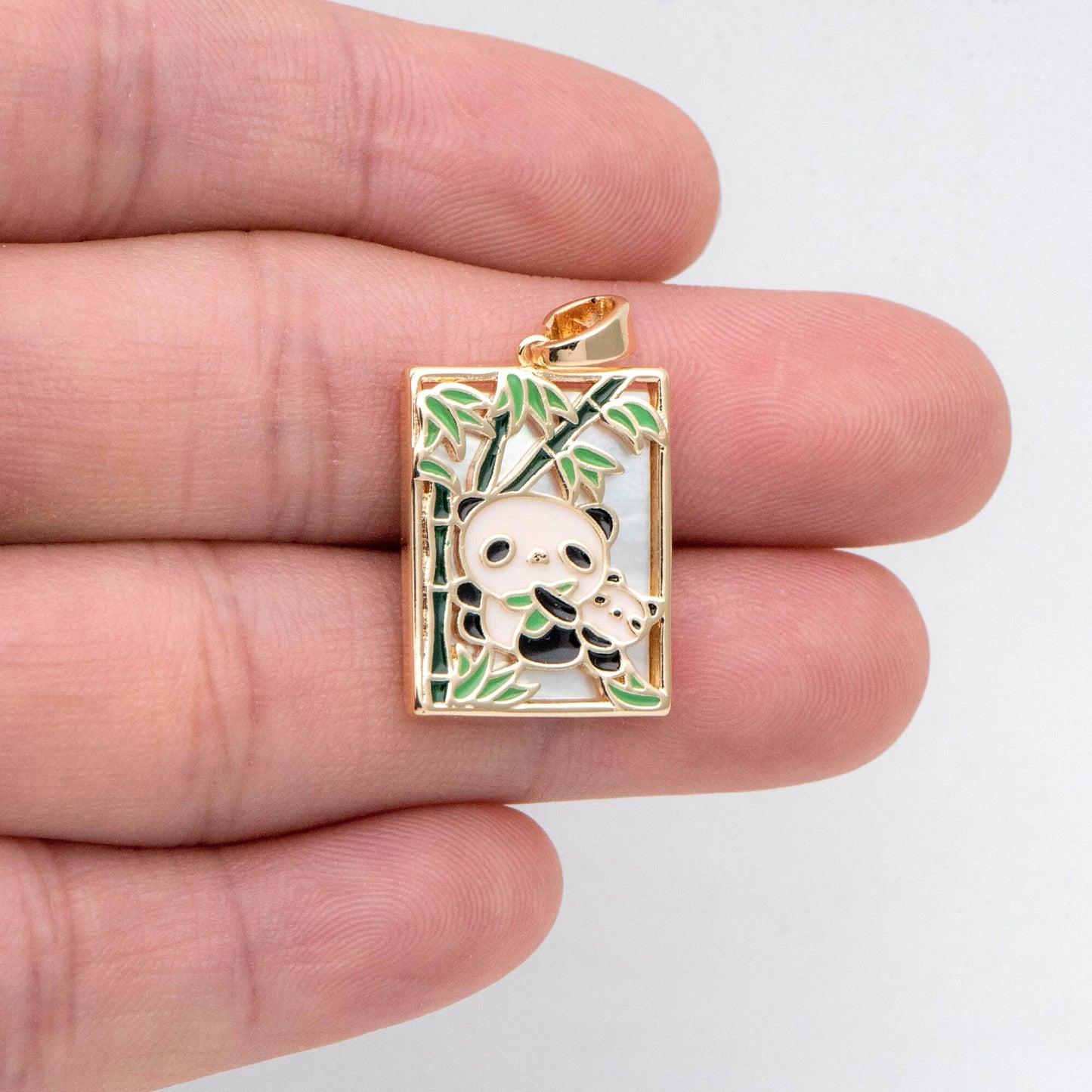 4pcs Shell pave Two Pandas with Bamboo Charms, Enamel Animal Charm, Rectangle Pendant (GB-2765)