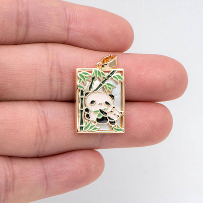4pcs Shell pave Two Pandas with Bamboo Charms, Enamel Animal Charm, Rectangle Pendant (GB-2765)