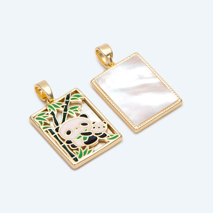 4pcs Shell pave Two Pandas with Bamboo Charms, Enamel Animal Charm, Rectangle Pendant (GB-2765)