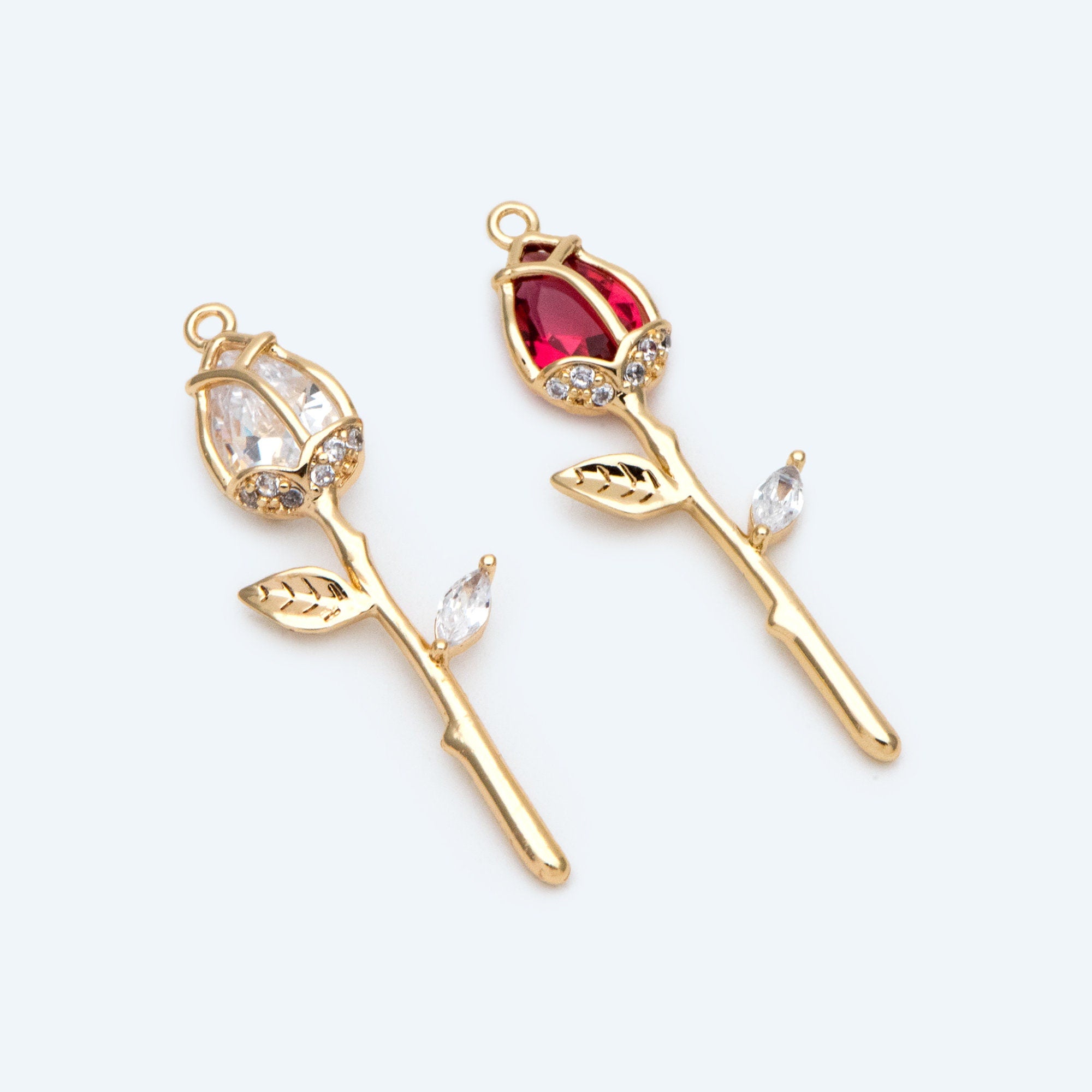 4pcs Gold CZ Flower Charms, 18K Gold plated Brass, Cubic Zirconia Rose Pendants, Clear/ Pinkish Red (GB-3579-I)