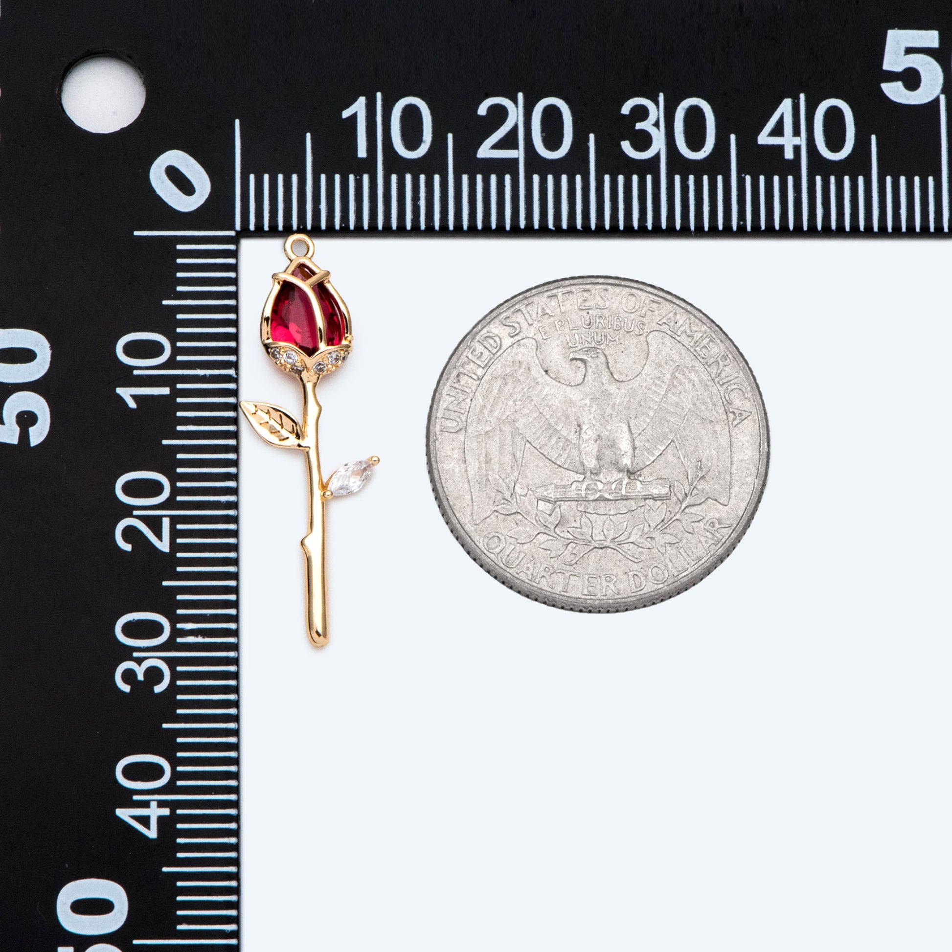 4pcs Gold CZ Flower Charms, 18K Gold plated Brass, Cubic Zirconia Rose Pendants, Clear/ Pinkish Red (GB-3579-I)