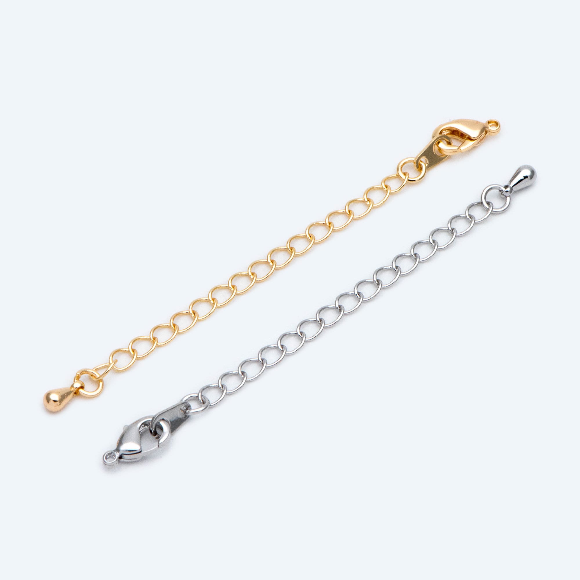 10pcs Lobster Claw Clasps with Extender Chain 72mm, Gold/ Rhodium plated Brass, 3mm Wide Extension Chain (GB-100-E)
