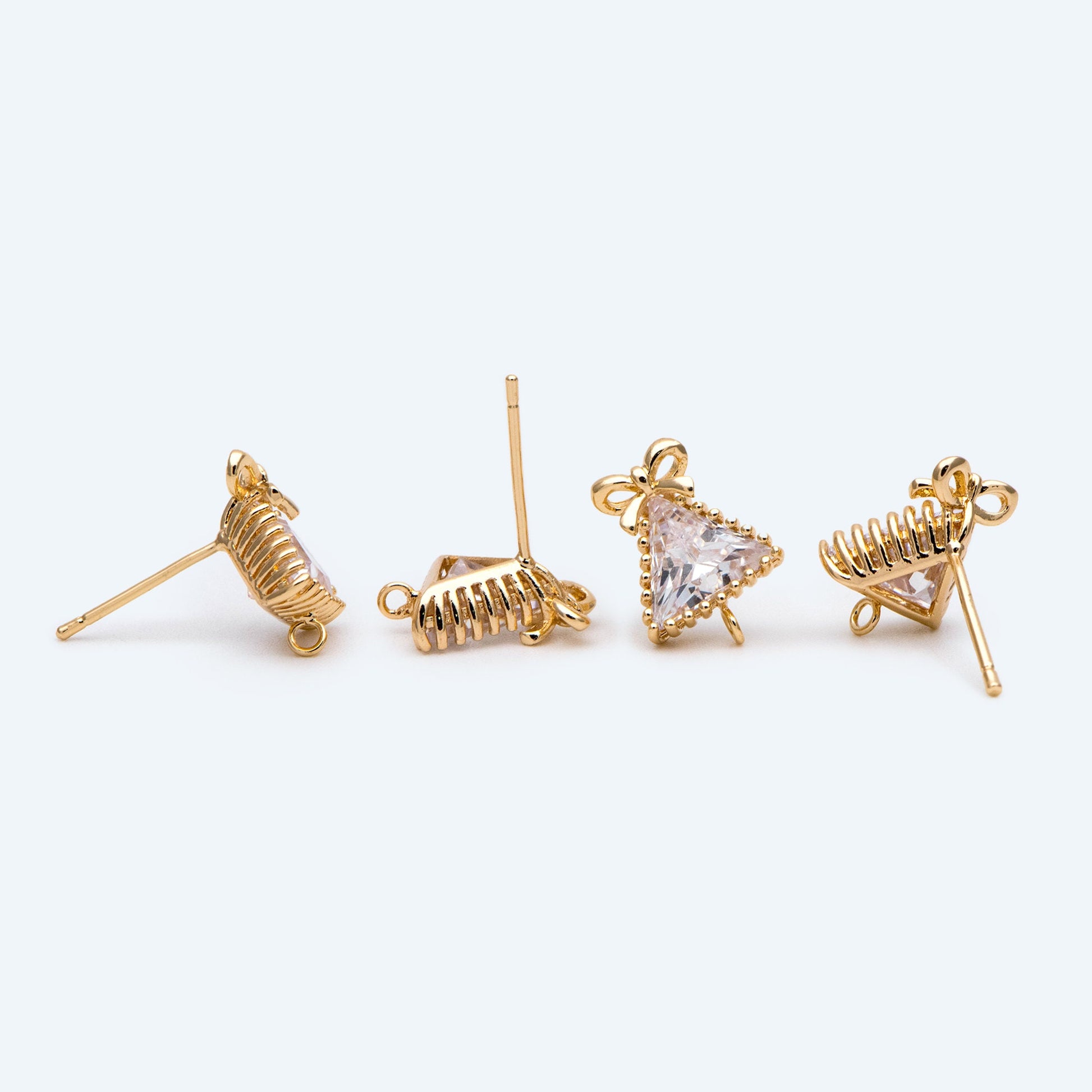 4pcs CZ Pave Bowknot Triangle Earring with Loop, 18K Gold Plated Brass, Christmas Bowknot Triangle Stud Earrings (#GB-2771)