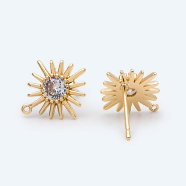 4pcs CZ Pave Gold Sun Earring with Loop, Real Gold Plated Brass Sun Stud Earrings (#GB-2774)