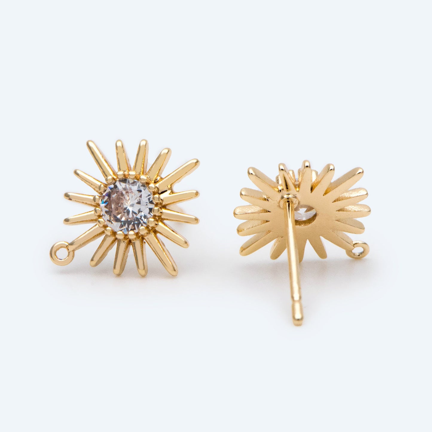 4pcs CZ Pave Gold Sun Earring with Loop, Real Gold Plated Brass Sun Stud Earrings (#GB-2774)
