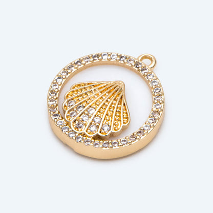 4pcs Shell Pave Gold Round Charms, CZ Paved Shell Disc Pendants(GB-2775)