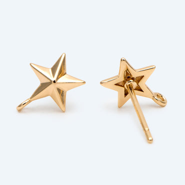 4pcs Gold Star Ear Post, Real Gold Plated Brass Star Stud Earrings (#GB-311-F)