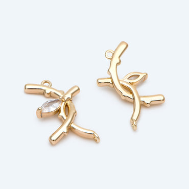 10pcs CZ Pave Branch Connectors 18x10mm, Gold plated Brass Branch charms with Two Loops (GB-3145-D)