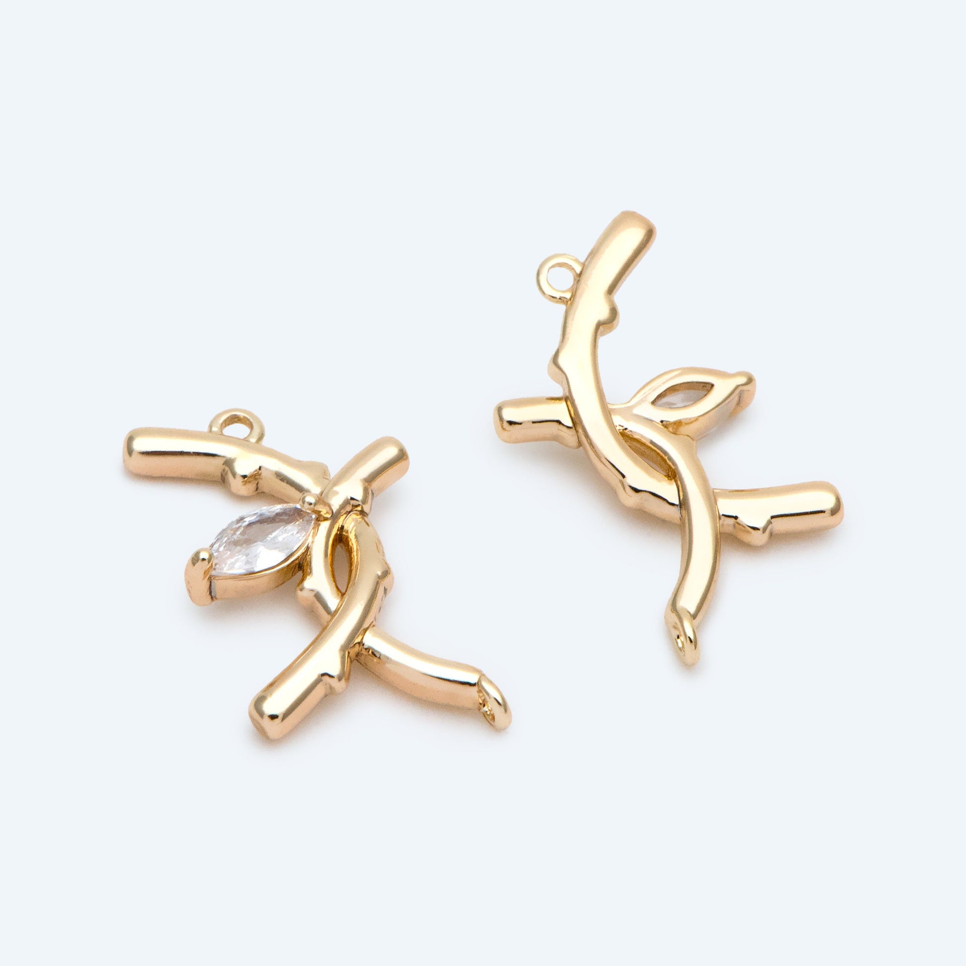 10pcs CZ Pave Branch Connectors 18x10mm, Gold plated Brass Branch charms with Two Loops (GB-3145-D)