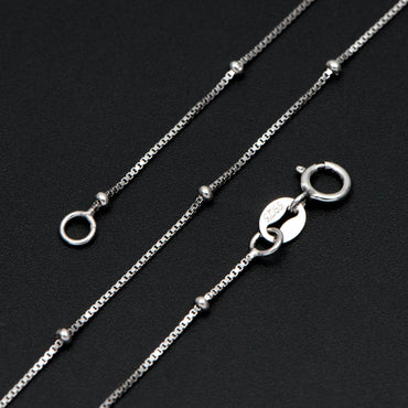 Sterling Silver .925 Beaded Necklace Chains, Rhodium plated Box Chains with Round Ball Beads, 0.6mm=22 gauge, 18 Inch Ready to Wear (CY-013)