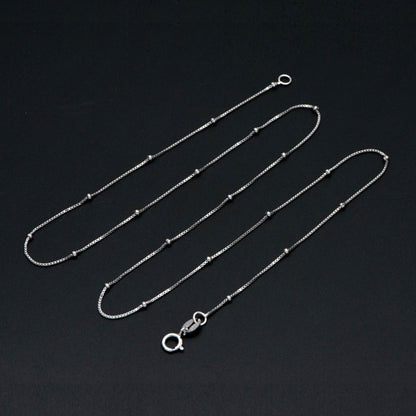 Sterling Silver .925 Beaded Necklace Chains, Rhodium plated Box Chains with Round Ball Beads, 0.6mm=22 gauge, 18 Inch Ready to Wear (CY-013)