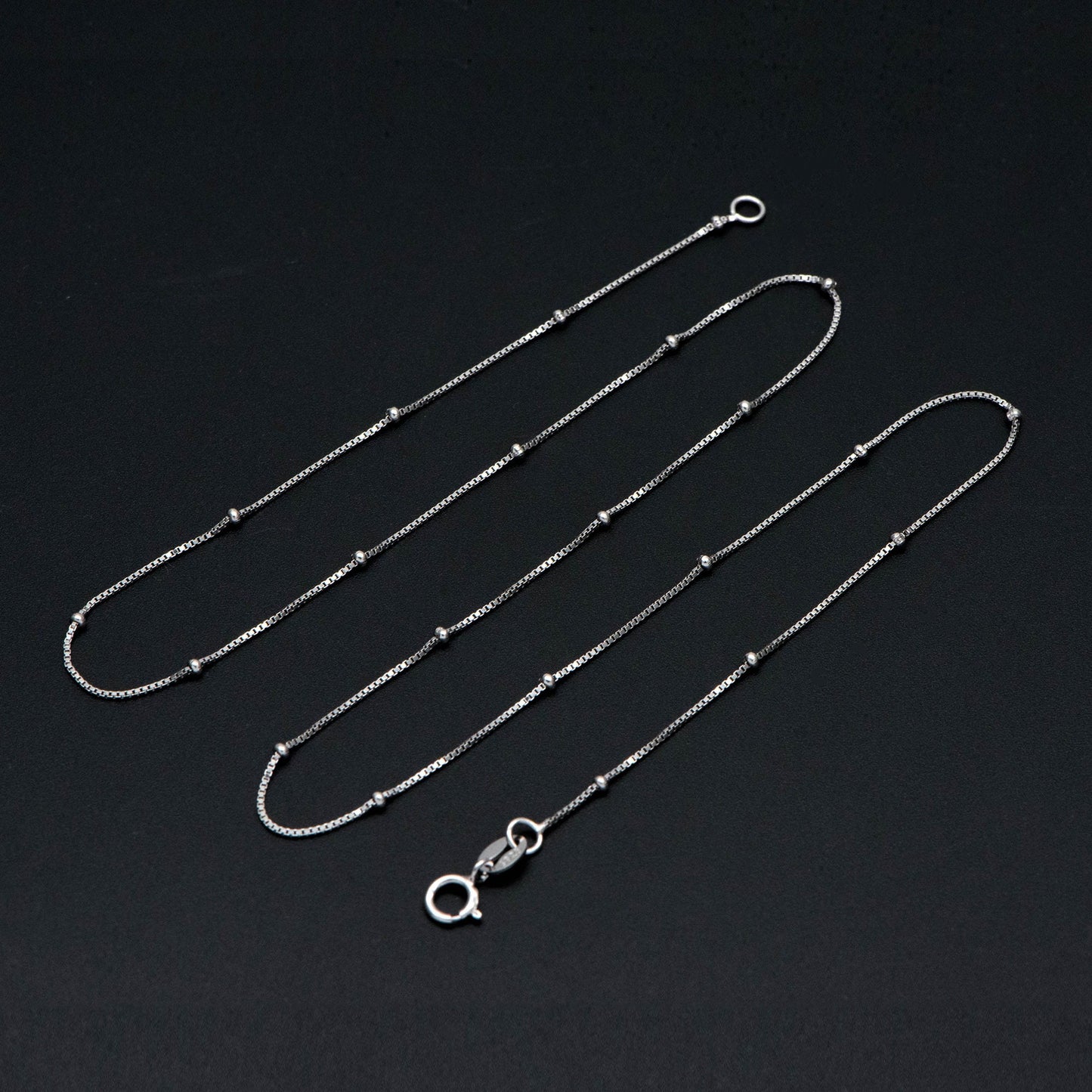 Sterling Silver .925 Beaded Necklace Chains, Rhodium plated Box Chains with Round Ball Beads, 0.6mm=22 gauge, 18 Inch Ready to Wear (CY-013)