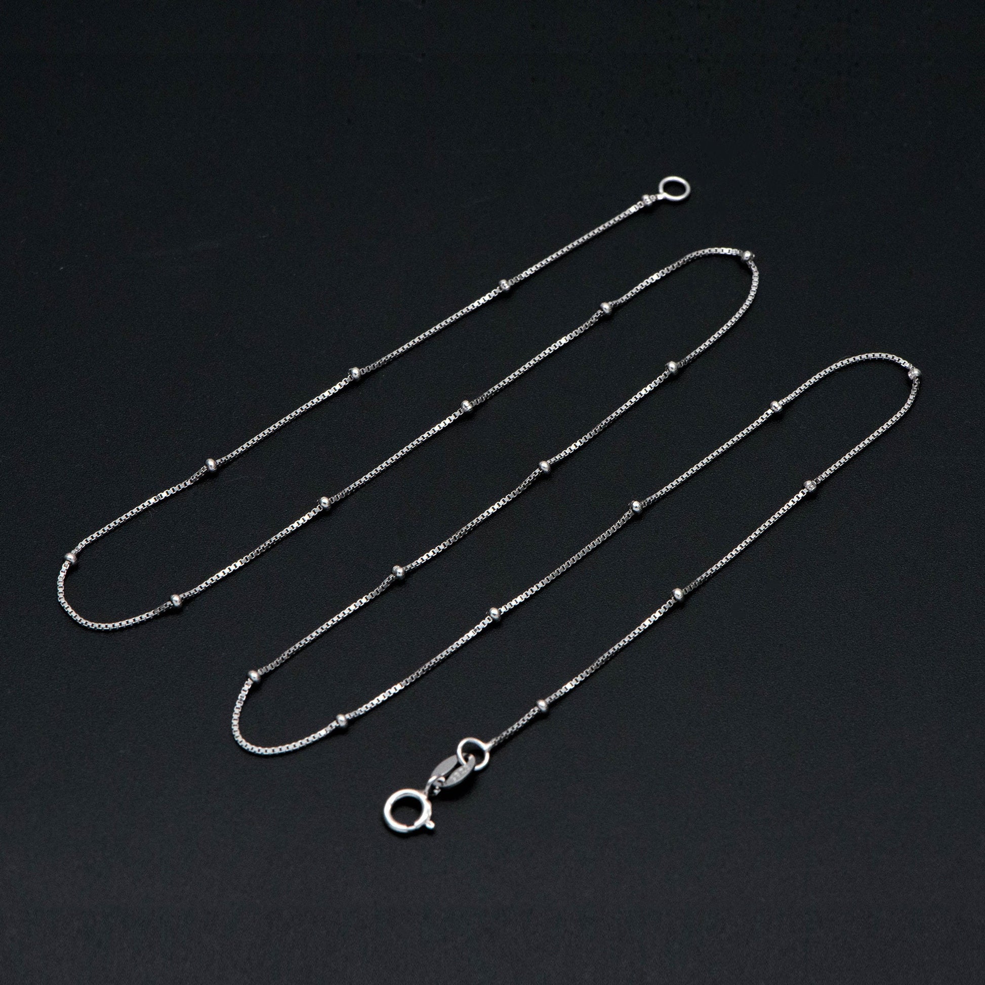 Sterling Silver .925 Beaded Necklace Chains, Rhodium plated Box Chains with Round Ball Beads, 0.6mm=22 gauge, 18 Inch Ready to Wear (CY-013)