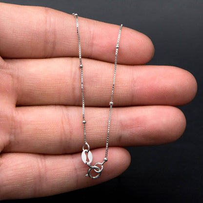Sterling Silver .925 Beaded Necklace Chains, Rhodium plated Box Chains with Round Ball Beads, 0.6mm=22 gauge, 18 Inch Ready to Wear (CY-013)