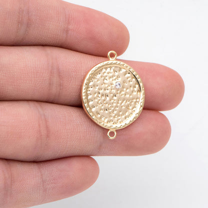 4pcs CZ Pave Gold Round Hammered Disc Connectors, Gold plated Brass Coin Disk Charms (GB-2848)