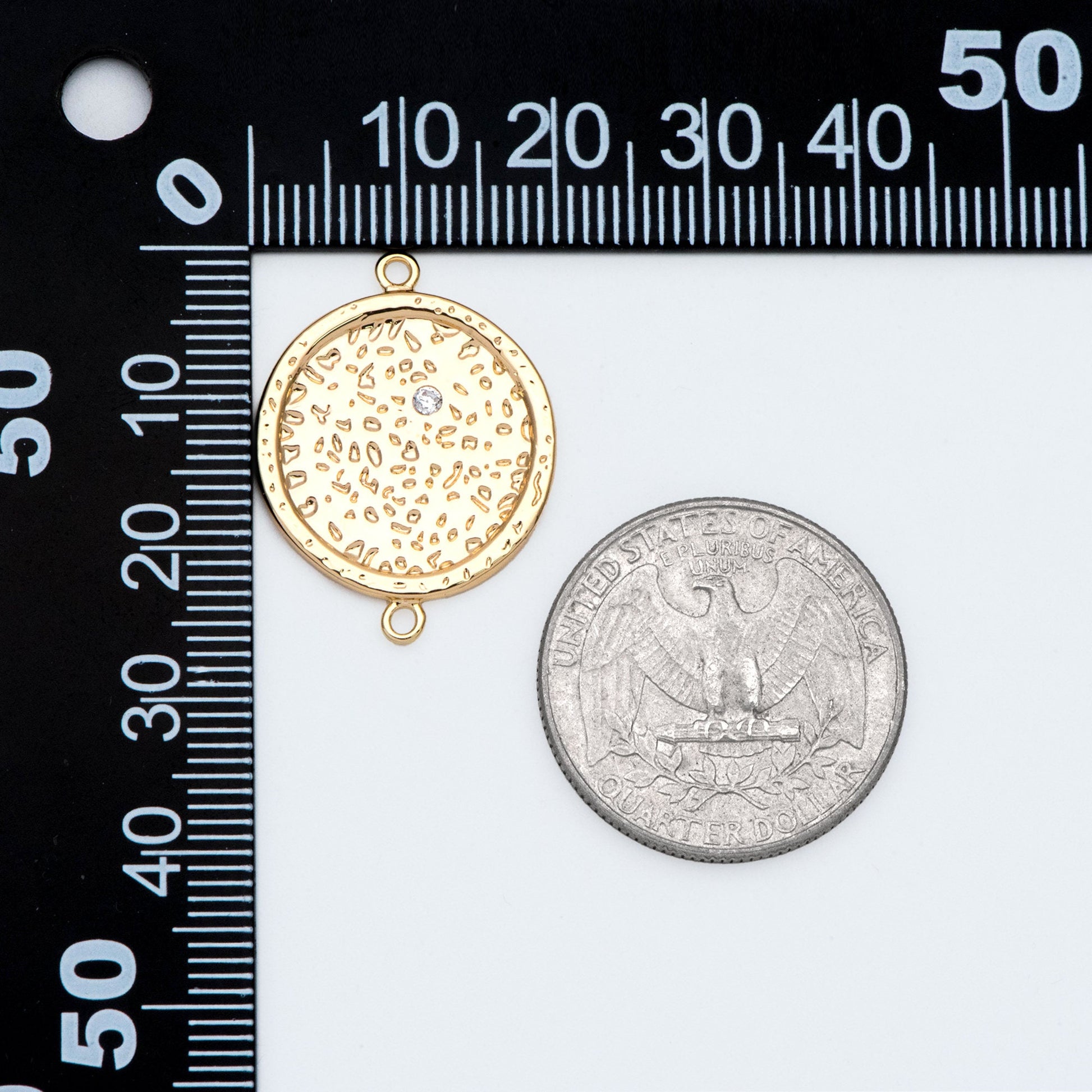 4pcs CZ Pave Gold Round Hammered Disc Connectors, Gold plated Brass Coin Disk Charms (GB-2848)