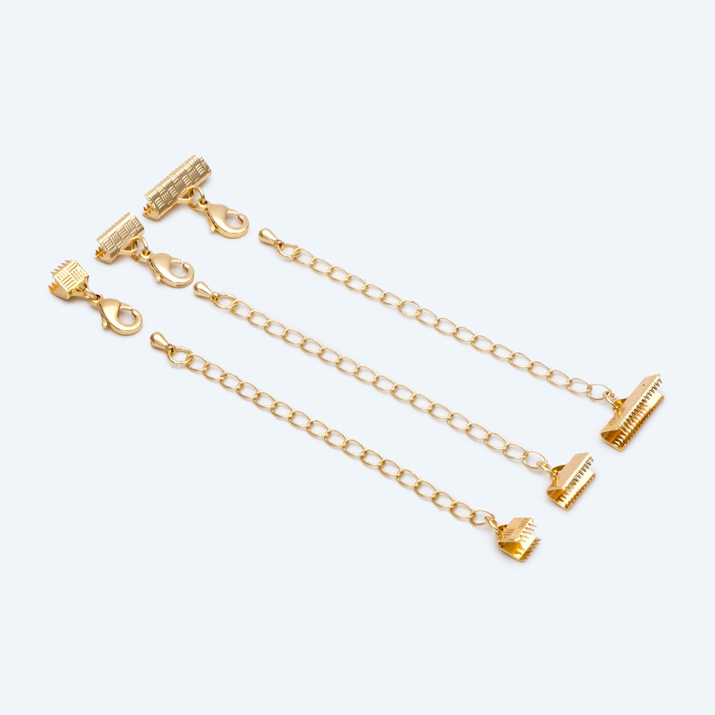 10pcs Gold Crimp End Tips with Extender Chain, Gold plated Brass, 6/ 10 /16mm Wide leather end with Lobster Claw Clasps (GB-2852)