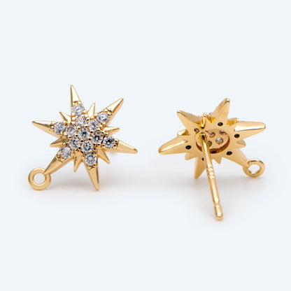 4pcs CZ Pave Hexagram Earrings, 13x10mm, Real Gold Plated Brass Star Stud Earrings (#GB-2783)