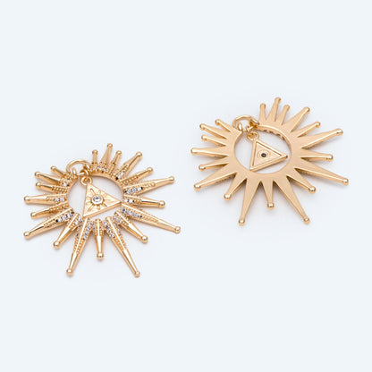 4pcs CZ Pave Gold/ Silver Sun Charms, 18K Gold/ Rhodium plated Brass, Sun Pendant (GB-2259-D)