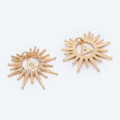 4pcs CZ Pave Gold/ Silver Sun Charms, 18K Gold/ Rhodium plated Brass, Sun Pendant (GB-2259-D)
