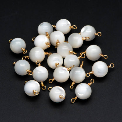 10pcs White Mother of Pearl Connector, Smooth Round Shell Charms, Natural MOP Ball Pendants, Gold Wired Findings Wholesale -(V1384)
