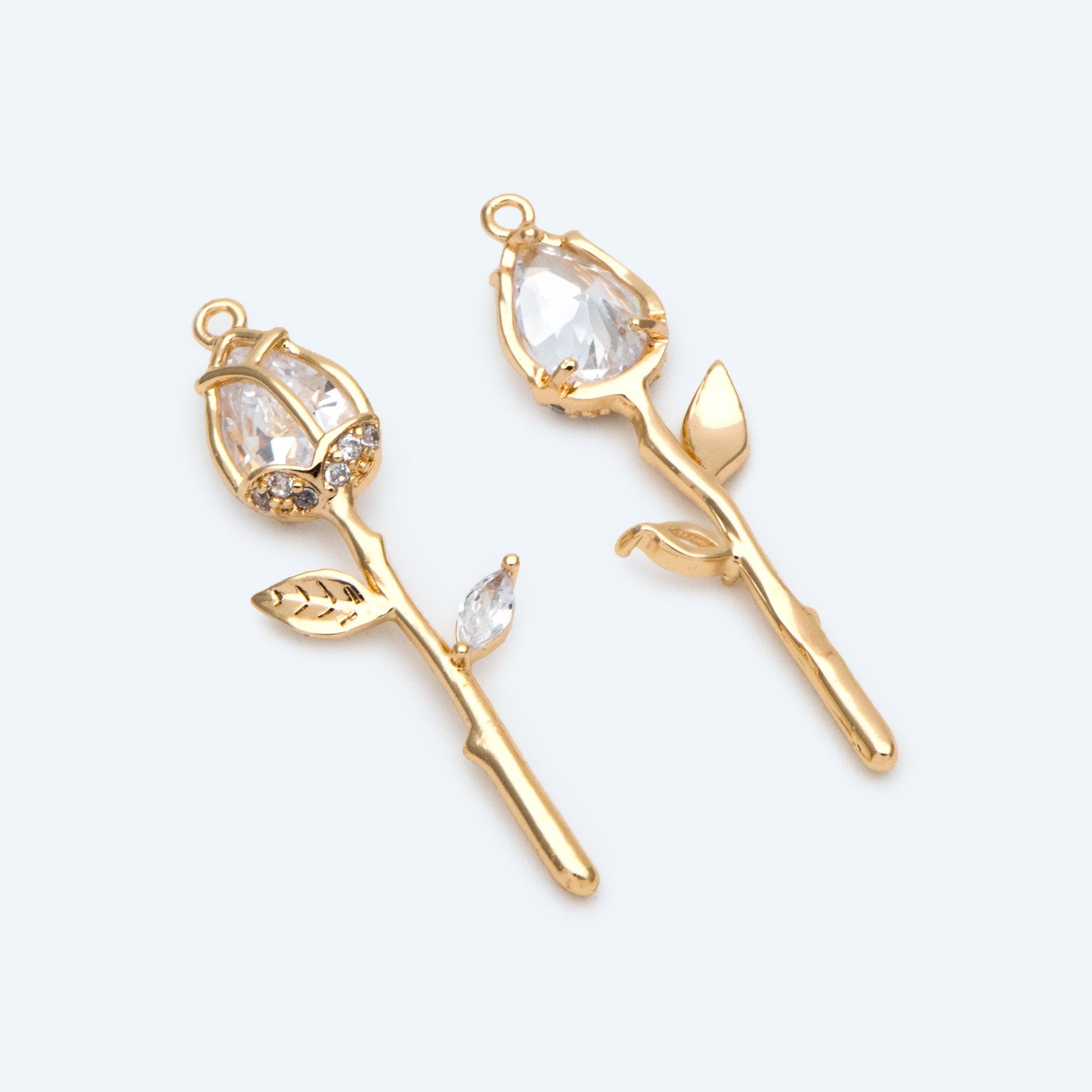 4pcs Gold CZ Flower Charms, 18K Gold plated Brass, Cubic Zirconia Rose Pendants, Clear/ Pinkish Red (GB-3579-I)