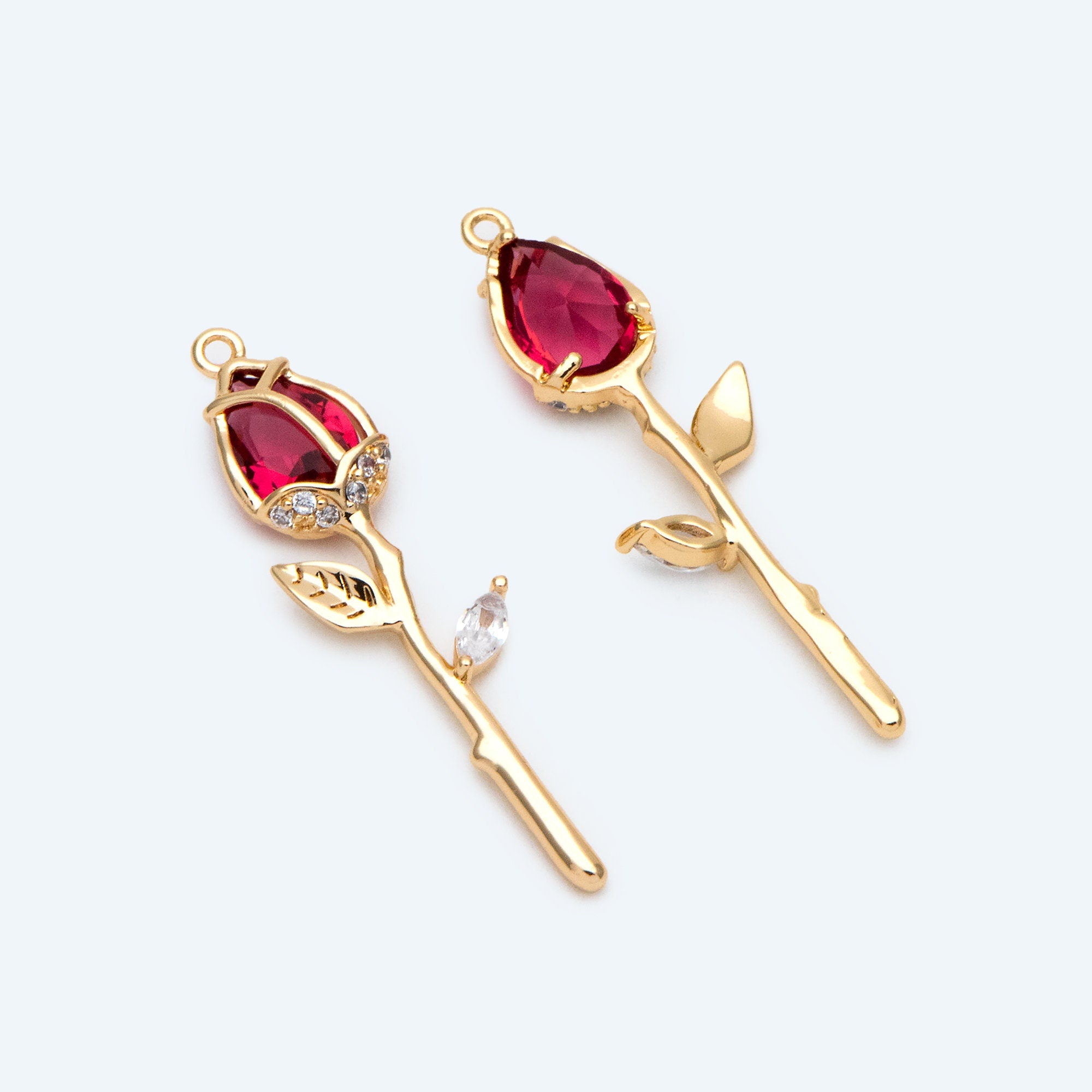 4pcs Gold CZ Flower Charms, 18K Gold plated Brass, Cubic Zirconia Rose Pendants, Clear/ Pinkish Red (GB-3579-I)