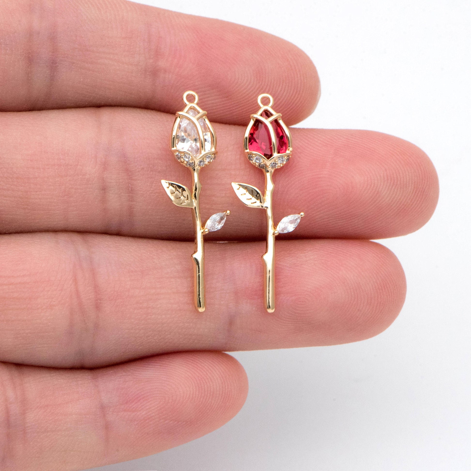 4pcs Gold CZ Flower Charms, 18K Gold plated Brass, Cubic Zirconia Rose Pendants, Clear/ Pinkish Red (GB-3579-I)