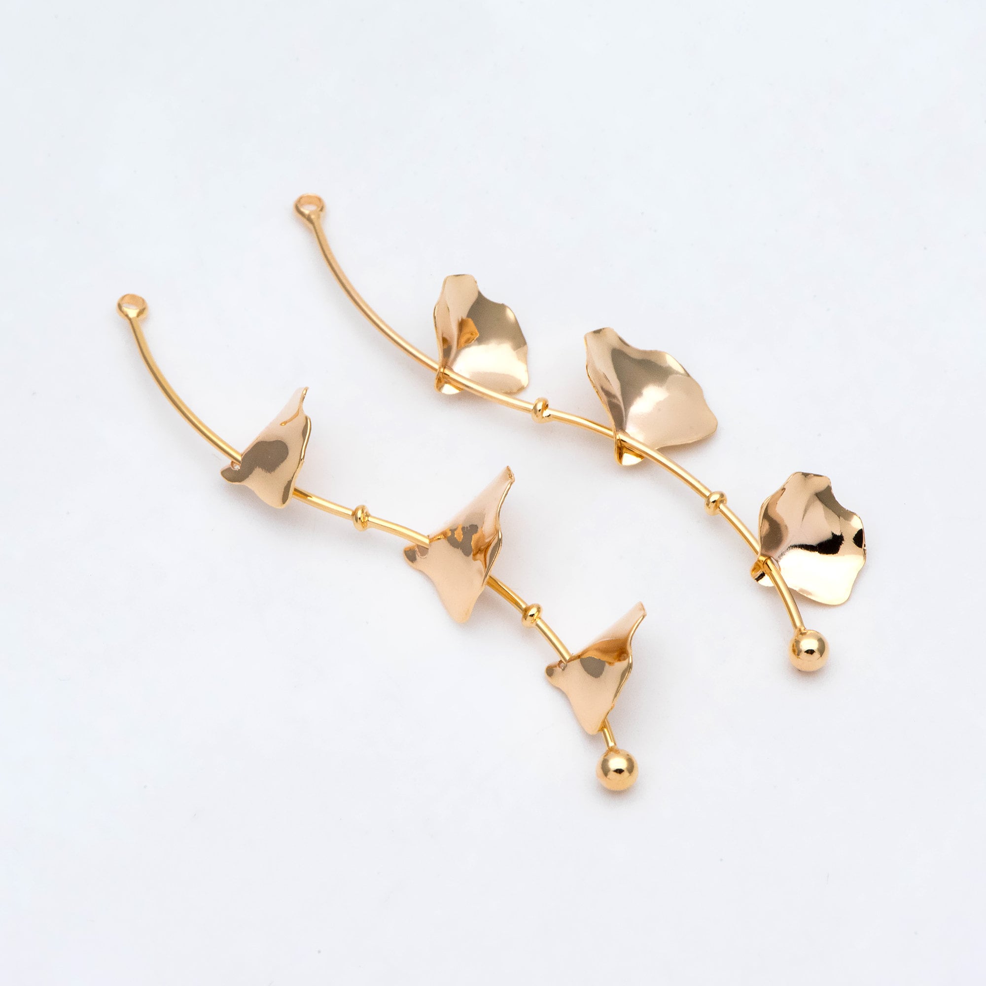 4pcs Gold Ginkgo Leaf Charms 56x12mm, Real Gold plated Brass Branch Pendants (GB-954-F)