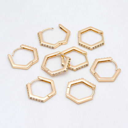 4pcs Gold Hexagon Huggie Earrings, Cubic Zirconia Hoop Earrings, CZ pave Gold Huggies, Geometric Hoop Earrings (GB-2885)