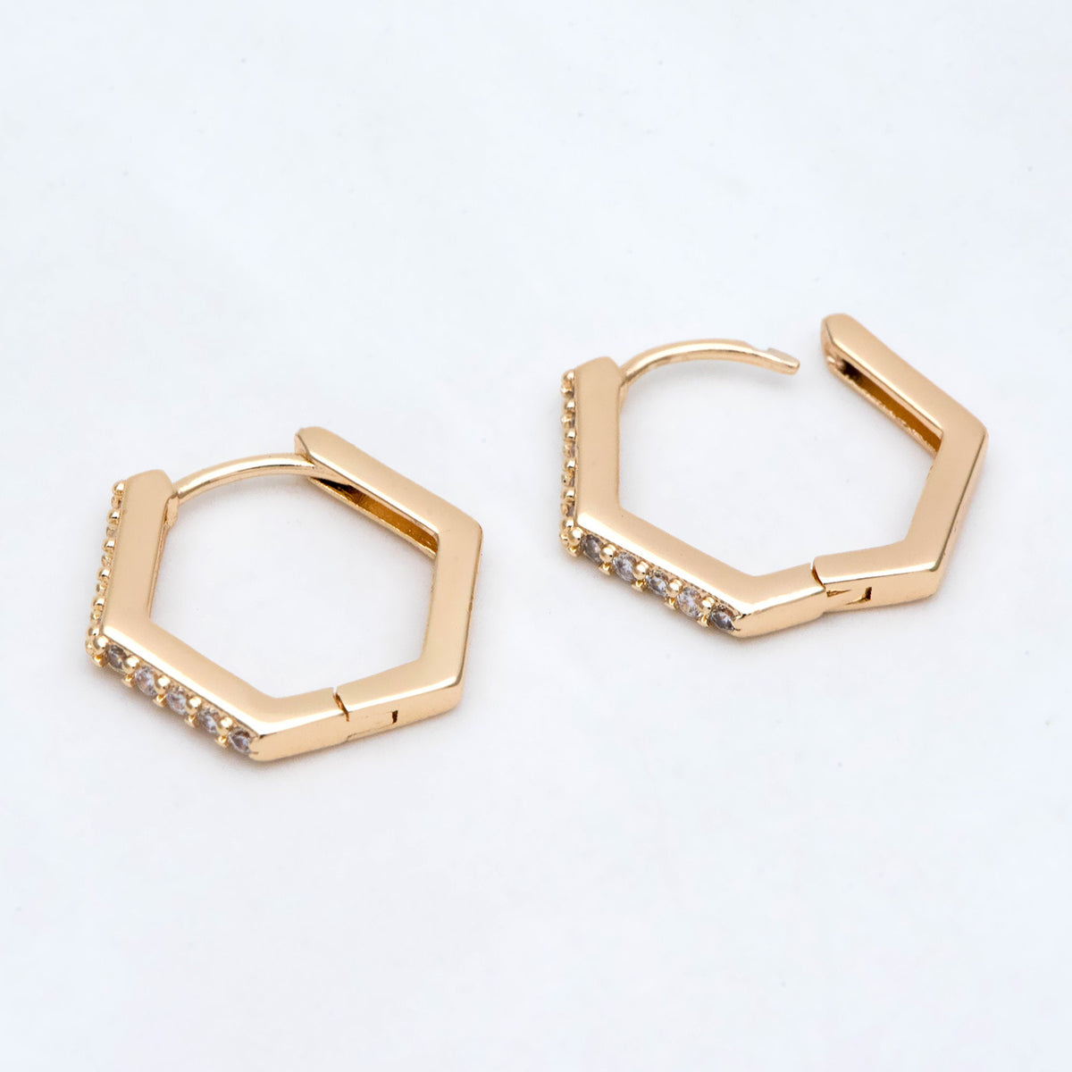 4pcs Gold Hexagon Huggie Earrings, Cubic Zirconia Hoop Earrings, CZ pave Gold Huggies, Geometric Hoop Earrings (GB-2292-D)