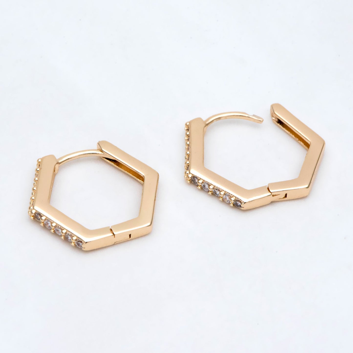 4pcs Gold Hexagon Huggie Earrings, Cubic Zirconia Hoop Earrings, CZ pave Gold Huggies, Geometric Hoop Earrings (GB-2885)