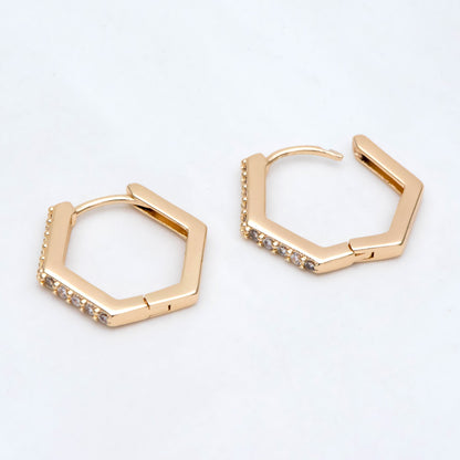 4pcs Gold Hexagon Huggie Earrings, Cubic Zirconia Hoop Earrings, CZ pave Gold Huggies, Geometric Hoop Earrings (GB-2885)