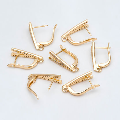 4pcs CZ Pave Gold Click-in Style Leverback Earring, V Shape Earring, Gold plated on Brass Earring Finding (GB-3002-D)