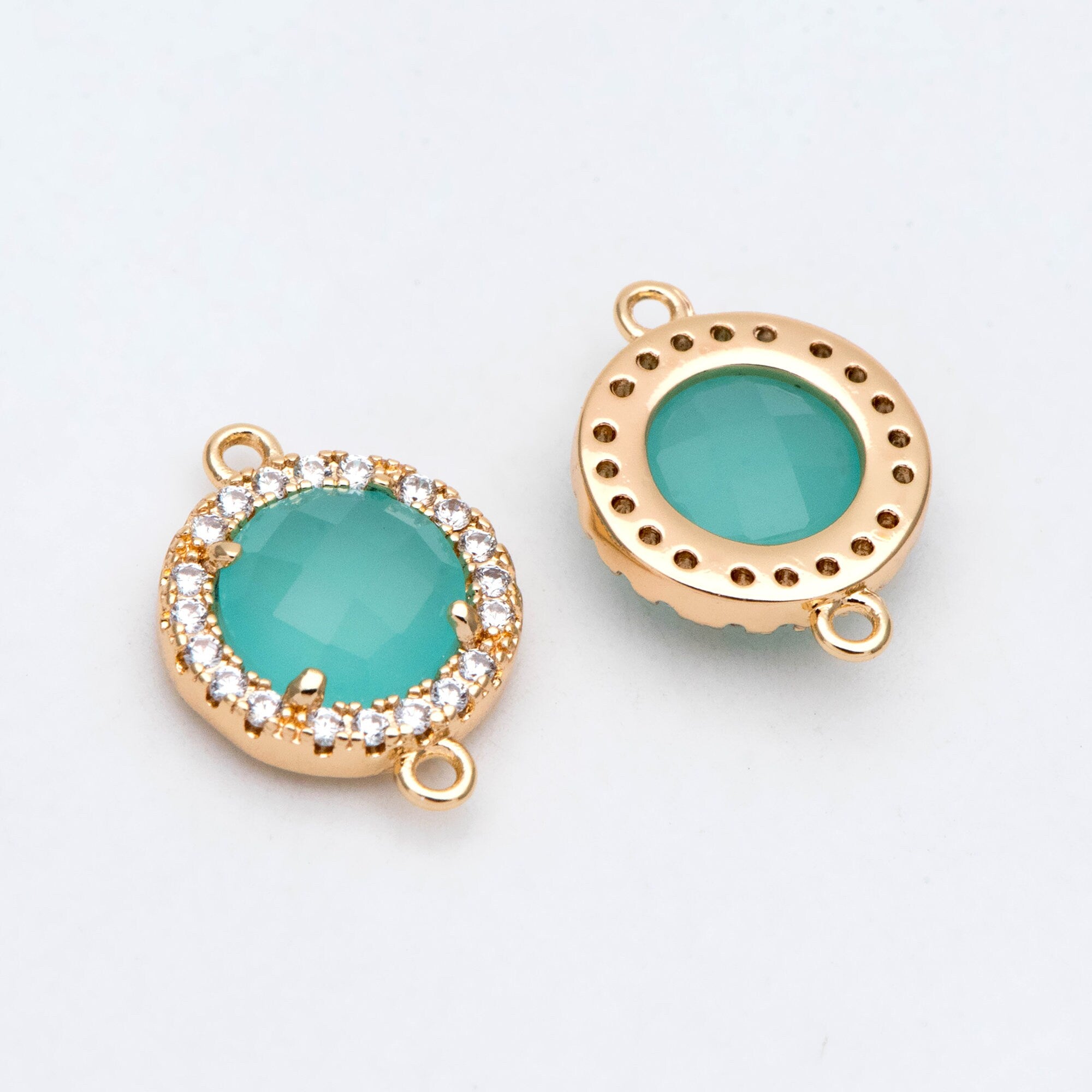 4pcs CZ Pave Gold Framed Glass Connector 16x12mm, Circle Bezel Charm Pendants (GB-2881)