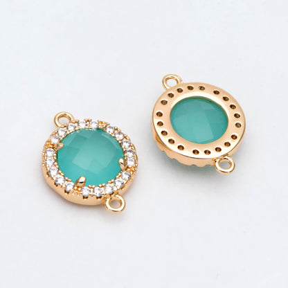 4pcs CZ Pave Gold Framed Glass Connector 16x12mm, Circle Bezel Charm Pendants (GB-2881)
