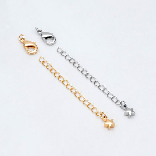 10pcs Lobster Claw Clasps with Star Extender Chain 70mm, Gold/ Rhodium plated Brass, 3mm Wide Extension Chain (GB-100-C)