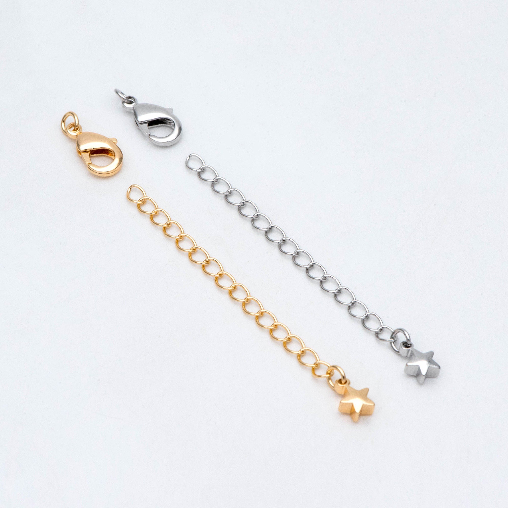 10pcs Lobster Claw Clasps with Star Extender Chain 70mm, Gold/ Rhodium plated Brass, 3mm Wide Extension Chain (GB-100-C)